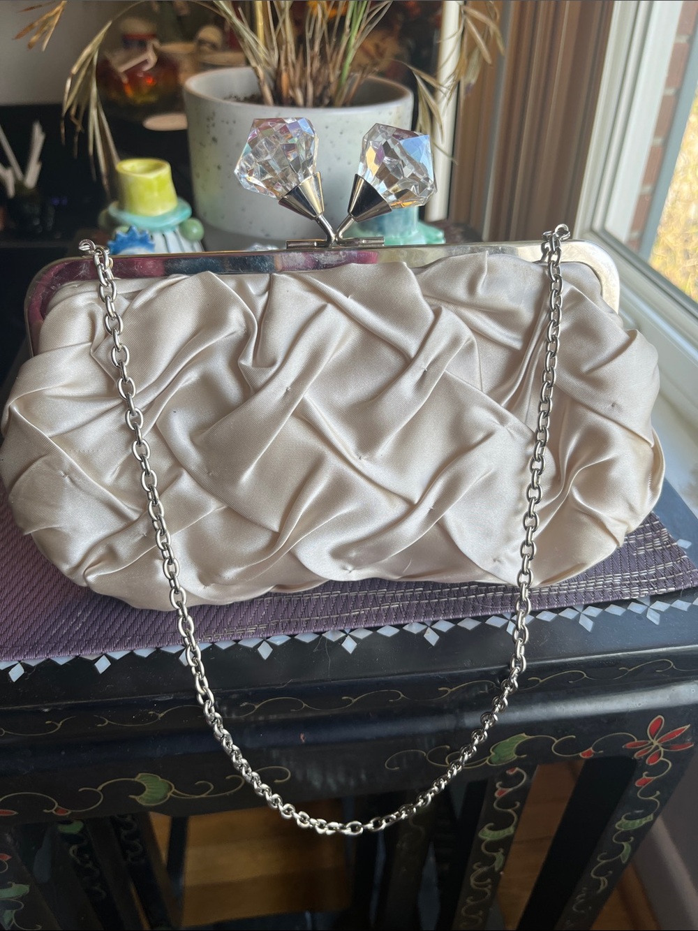 Sondra Roberts Ivory Satin Ruched Evening Clutch with Crystal Kiss-Lock